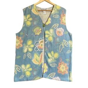 Gabriella T Italy Sweater Vest Women Large Cotton Linen Floral Knit Cottagecore